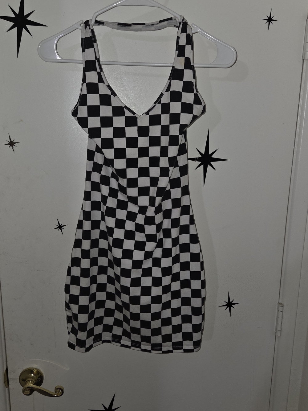 Divided Black & White Checkered Backless V-Neck Dress